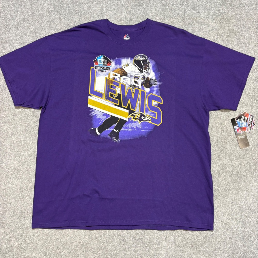 Majestic Baltimore Ravens Ray Lewis Hall of Fame Graphic T-Shirt Mens 2XL Purple